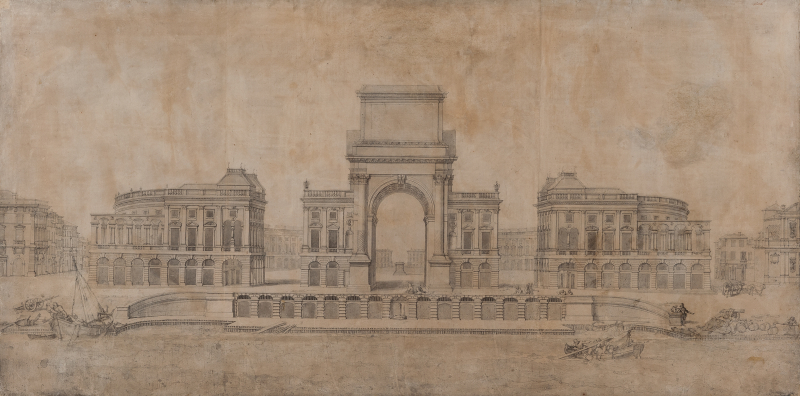 Illustration 5 : Pierre Puget, Projet de place royale pour Marseille, Élévation perspective en regardant vers la ville [plume et lavis gris], Marseille, musée des Beaux-Arts de Marseille, entre 1686 et 1687 – image : Marseille, musée des Beaux-arts de Marseille.
