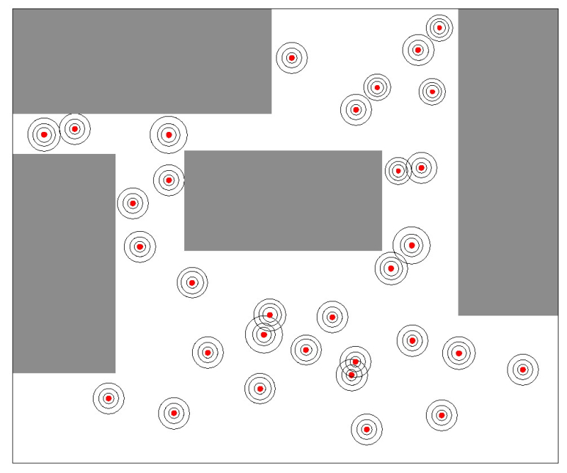Abb. 10: Die Menschen (Punkte, vgl. Abbildung 9) mit ihren verschiedenen unsichtbaren Zonen in einer gebauten Umwelt.