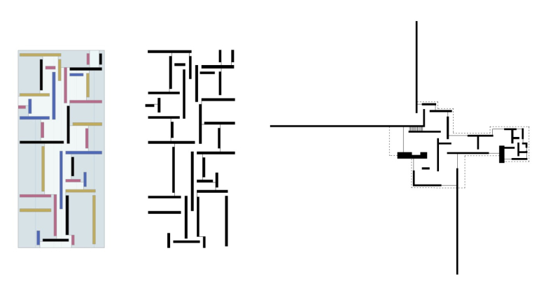 Abb. 5: Beispiel für den Einfluss der Malerei auf die Moderne. Links: Nachzeichnung eines Bildes von Theo van Doesburg (1918, „Rhythmus eines russischen Tanzes“). Mitte: vereinfachte Darstellung dieses Bildes. Rechts: Ludwig Mies van der Rohe, 1923, „Landhaus aus Backstein“ (Projekt).