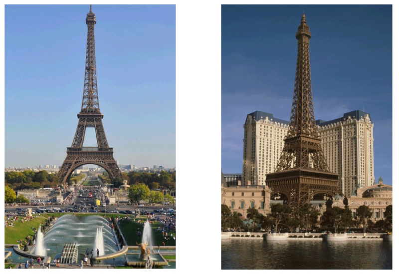 Abb. 8: Links: Der Eiffelturm in Paris. Rechts: Hotel Paris, Las Vegas, USA.